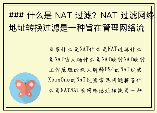 ### 什么是 NAT 过滤？NAT 过滤网络地址转换过滤是一种旨在管理网络流量和提高安全性